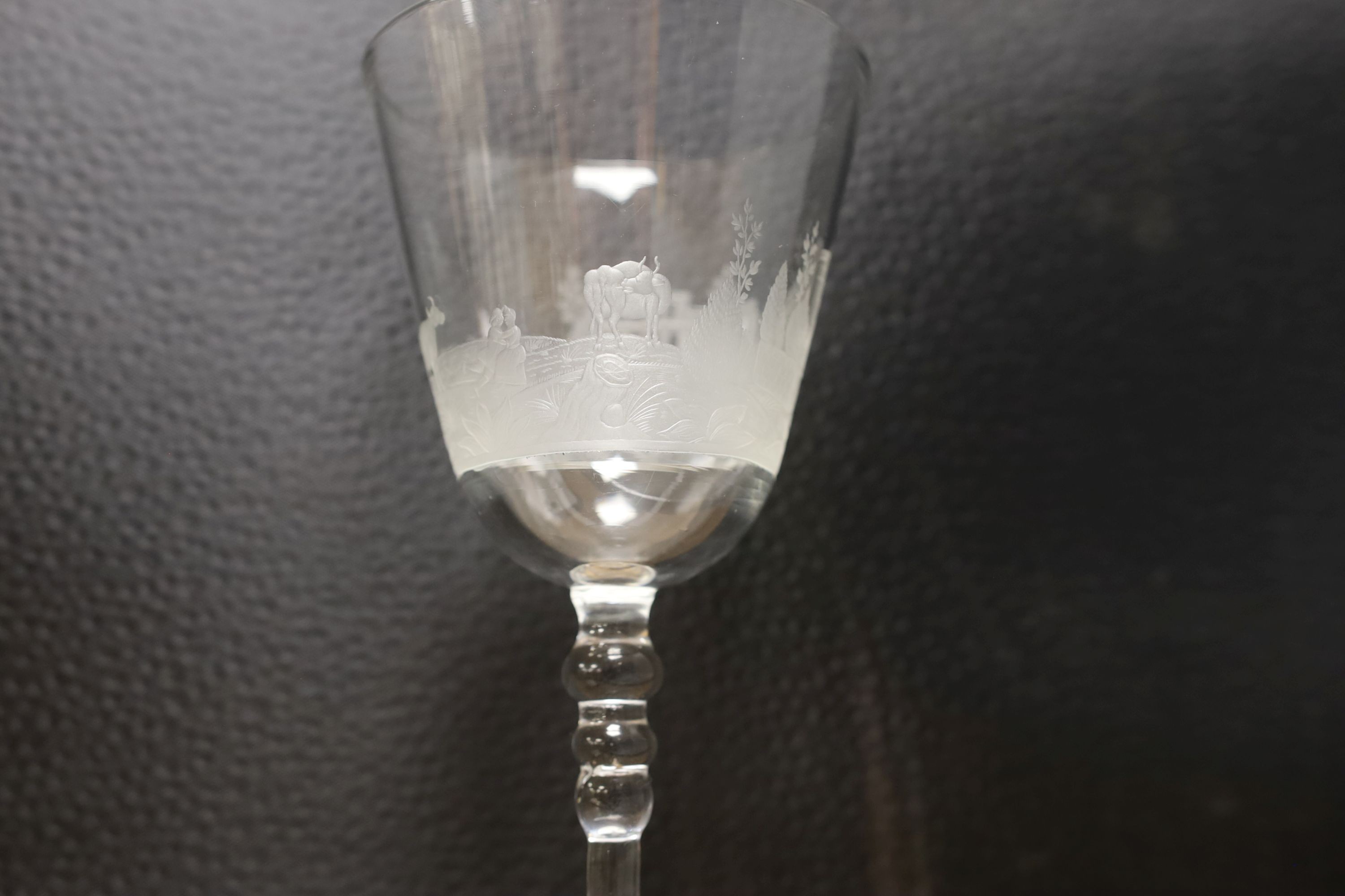 A Dutch engraved Newcastle goblet - 19cm tall